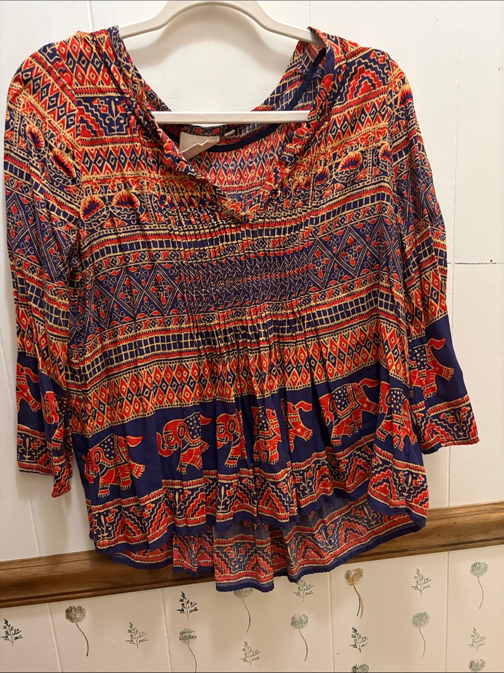 Boho Elephant Print Peasant Tunic in Navy & Rust